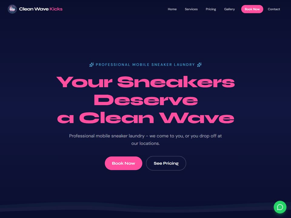 The CleanWave Kicks website: dark navy hero with pink headline reading Your Sneakers Deserve a Clean Wave